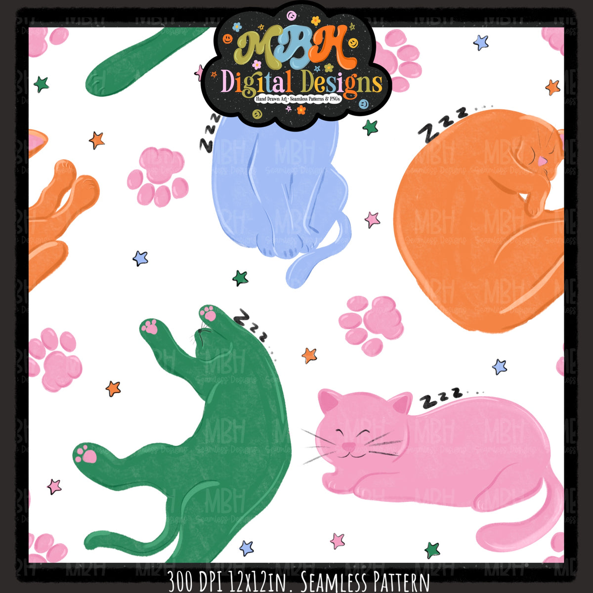 Retro Starry Sleepy Cats Seamless Pattern // PNG // MULTIPLE COLORWAYS