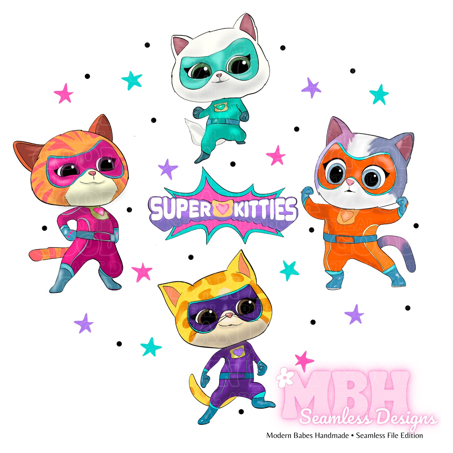 Super Kitties Starry Spex Assorted Colorways Seamless Pattern & PNG