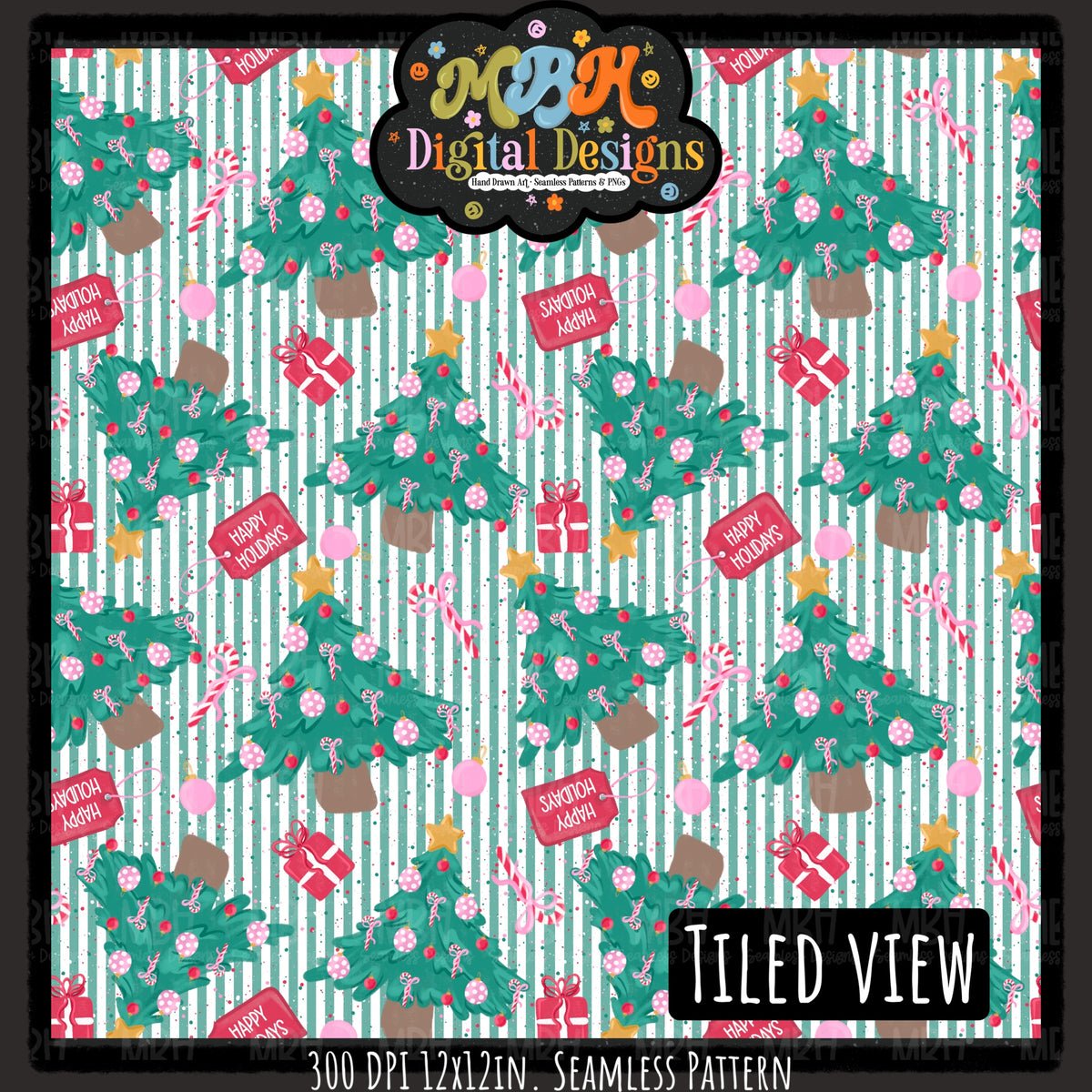 Happy Holiday Trees Seamless Pattern // PNG // MULTIPLE COLORWAYS