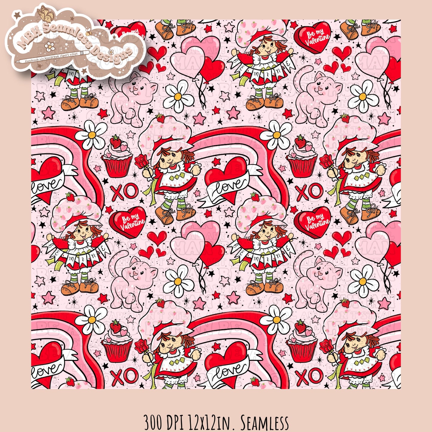 Strawberry Shortcake Valentine Seamless Pattern Multiple Colorways