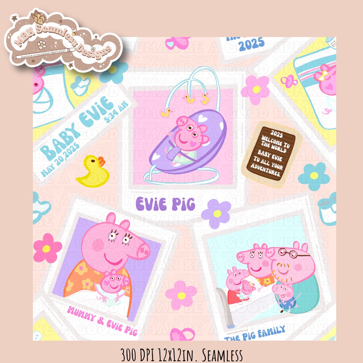 Evie Pig Polaroids Seamless Pattern • Multiple Colorway Options