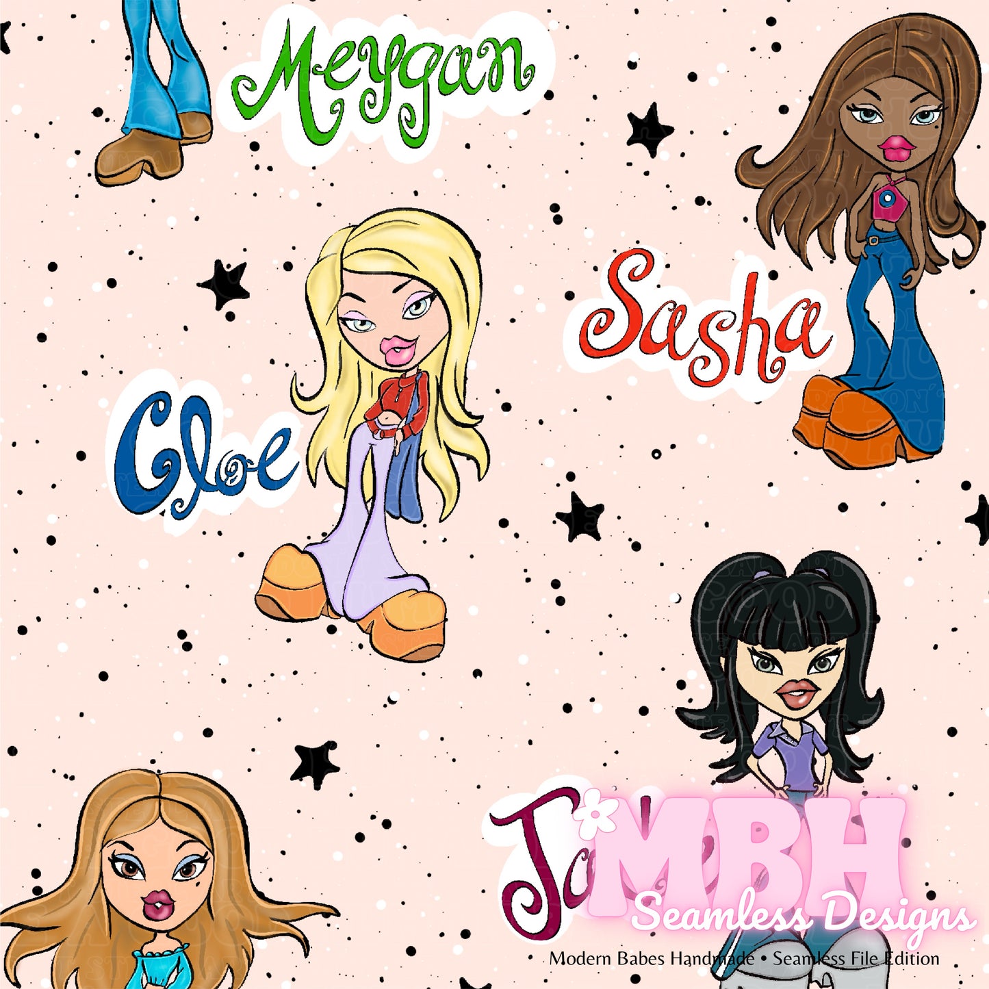 Brats Doll Names Seamless Pattern MULTIPLE COLORWAYSBratz