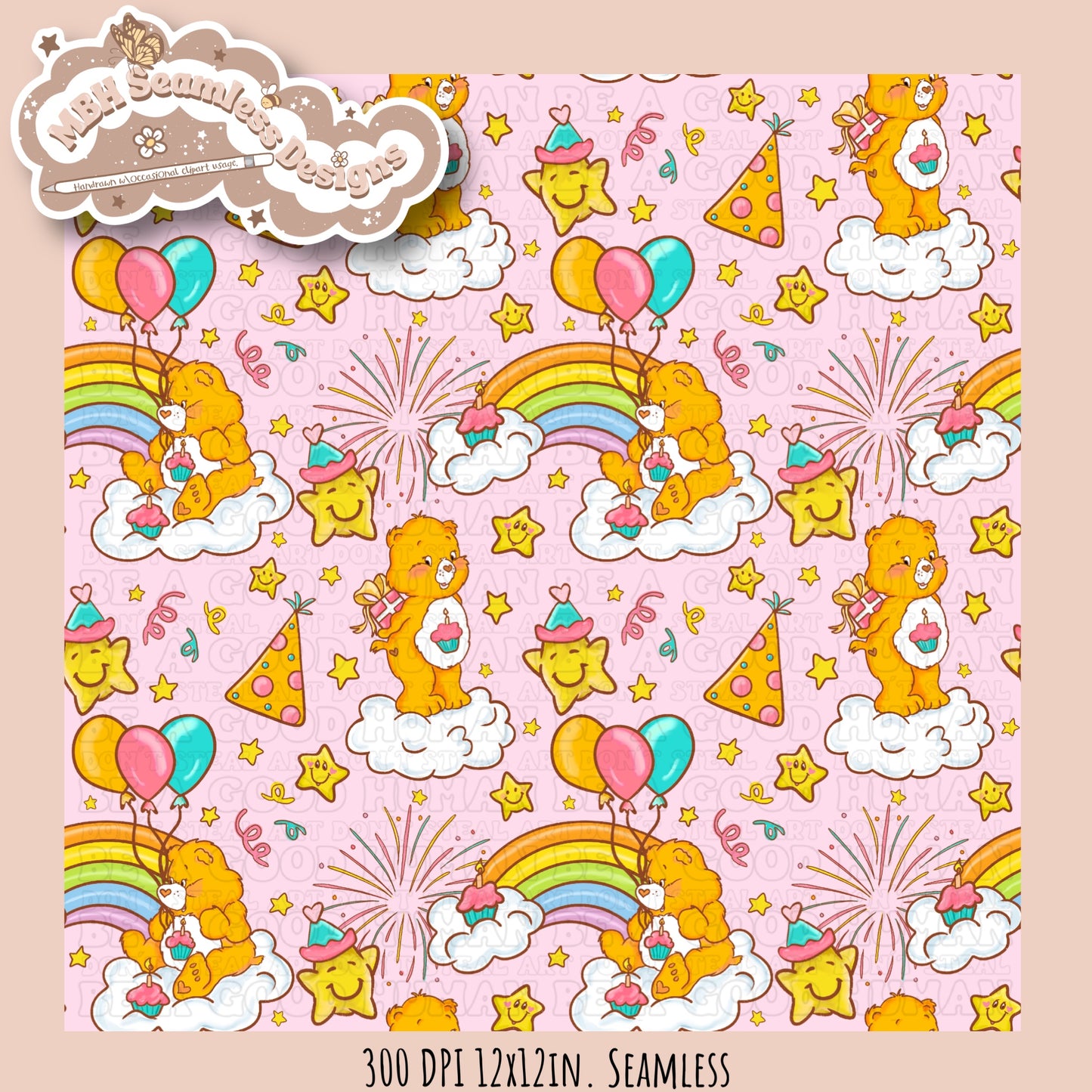 Birthday Care Bear Seamless Pattern & PNG MULTIPLE COLORWAY OPTIONS