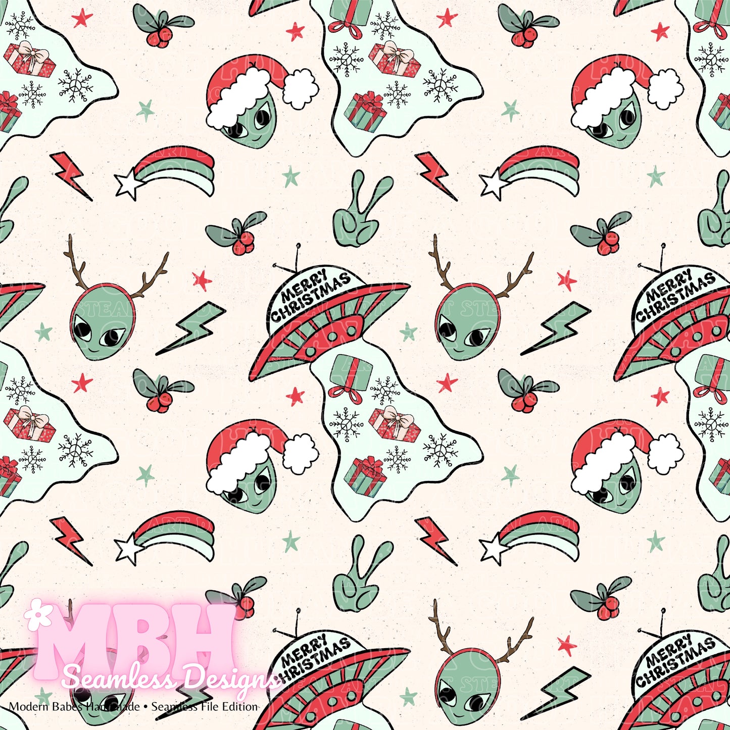 Alien Christmas Seamless Pattern