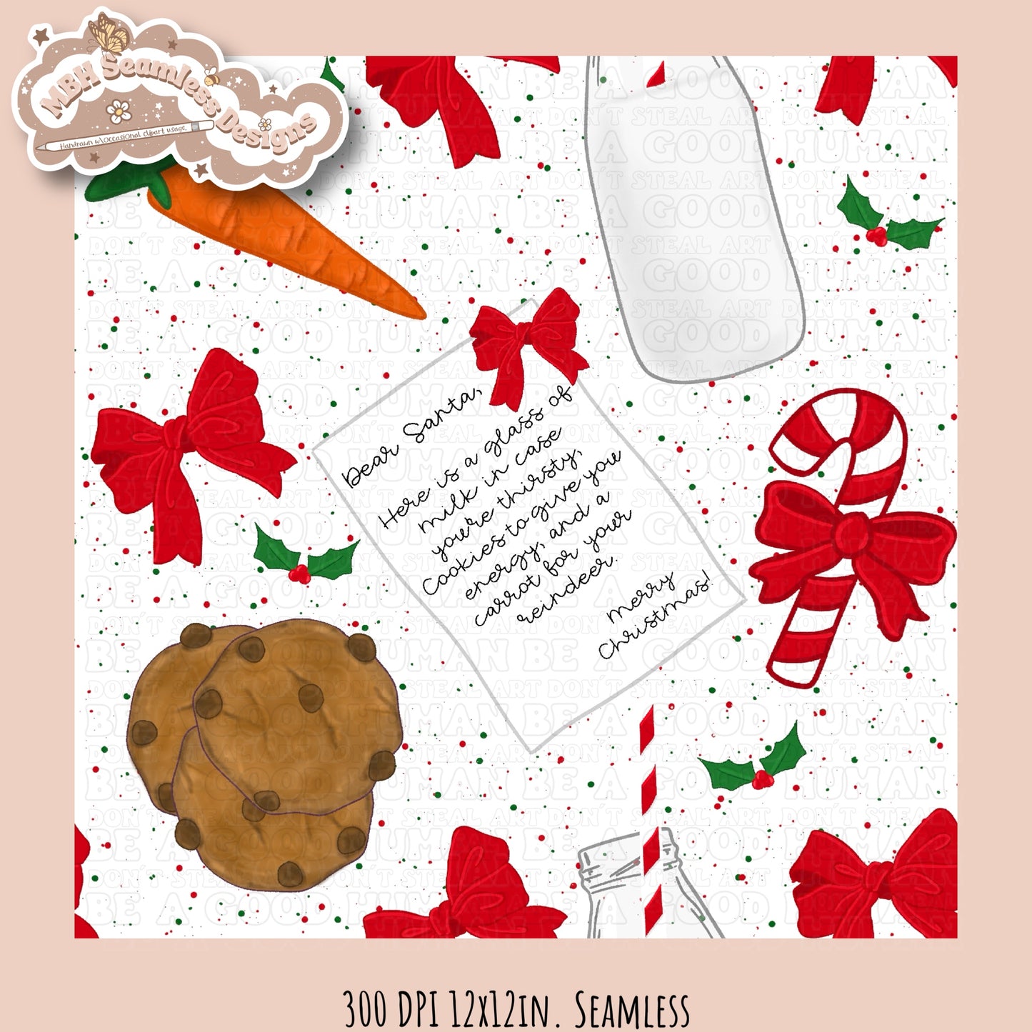 Dear Santa Milk & Cookies Seamless Pattern & PNG MULTIPLE COLORWAYS