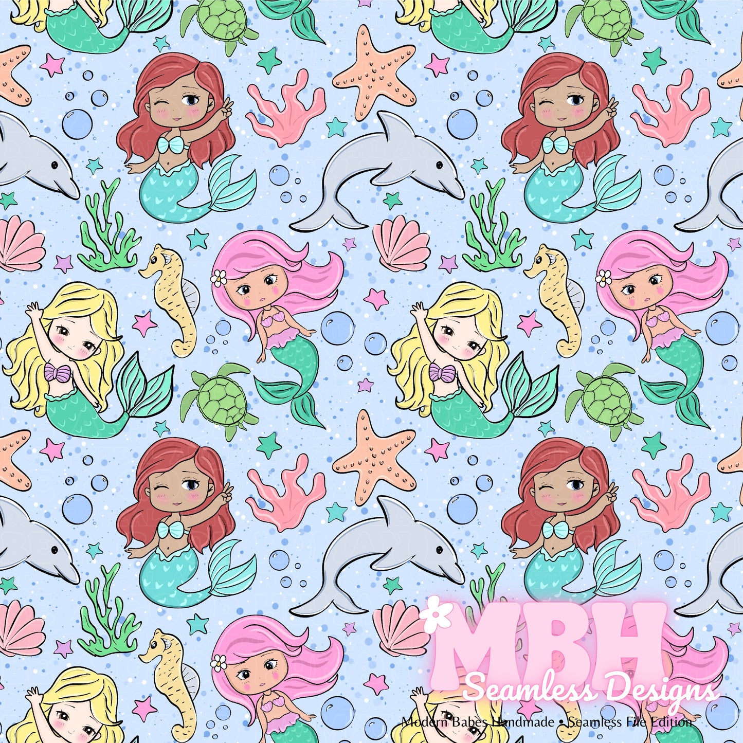 Chibi Mermaids Seamless Pattern MULTIPLE COLORWAYS