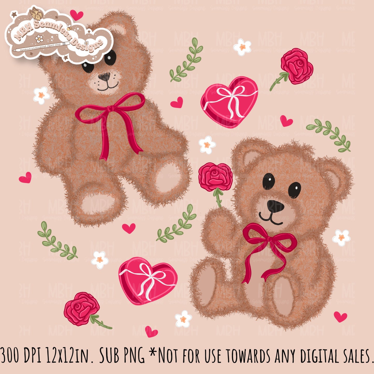 Teddy Bears & Roses Seamless Pattern // PNG // Assorted Colorways
