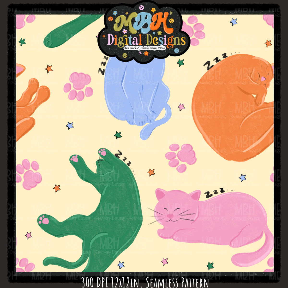Retro Starry Sleepy Cats Seamless Pattern // PNG // MULTIPLE COLORWAYS
