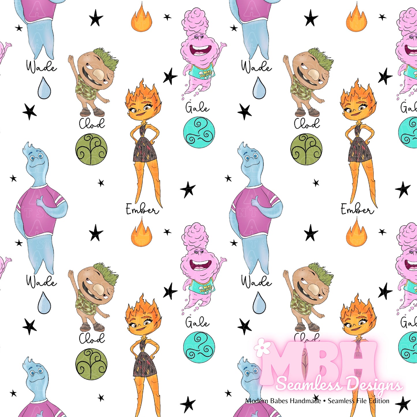 Starry Elemental Names Seamless Pattern