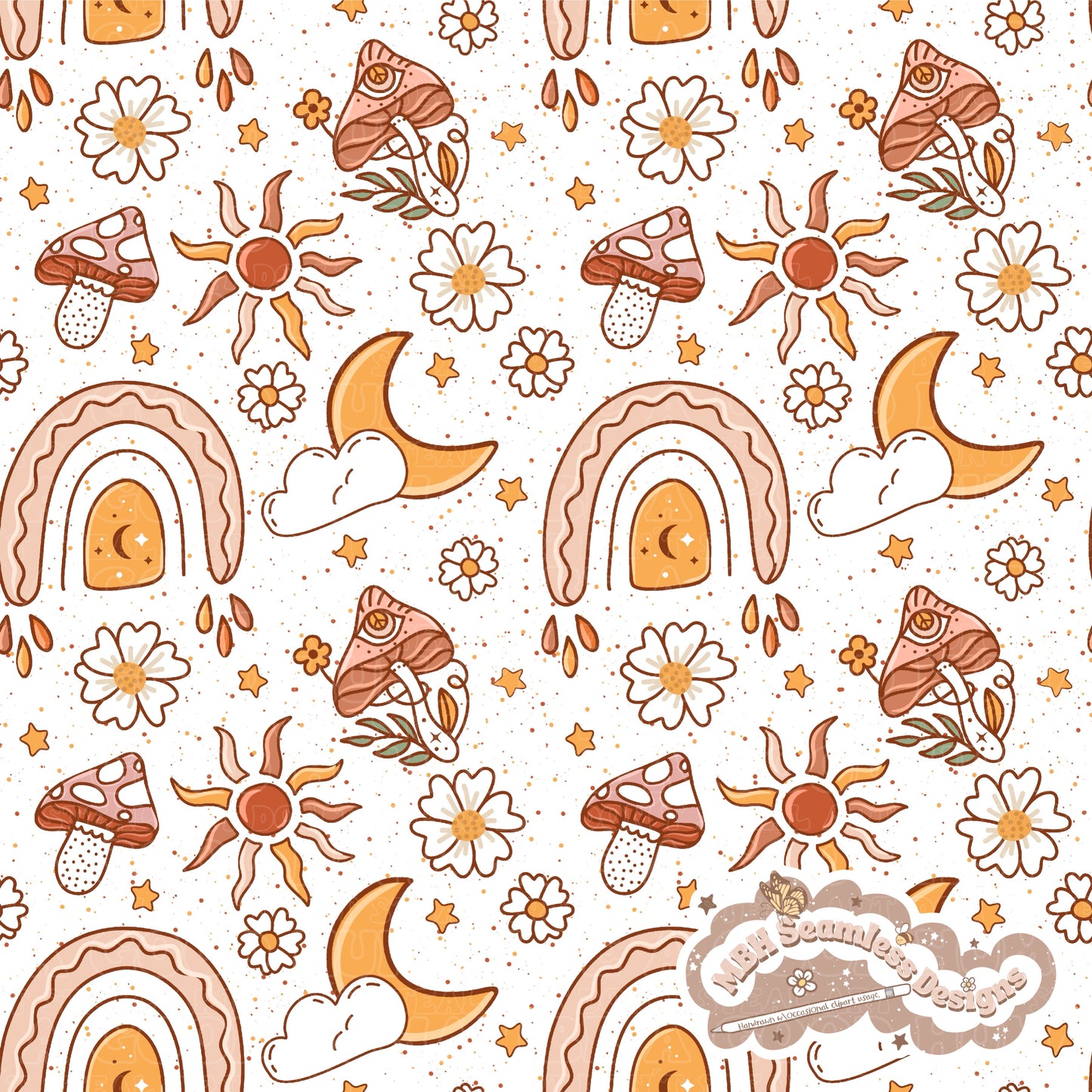 Boho Rainbow Shrooms Seamless Pattern & PNG MULTIPLE COLORWAYS