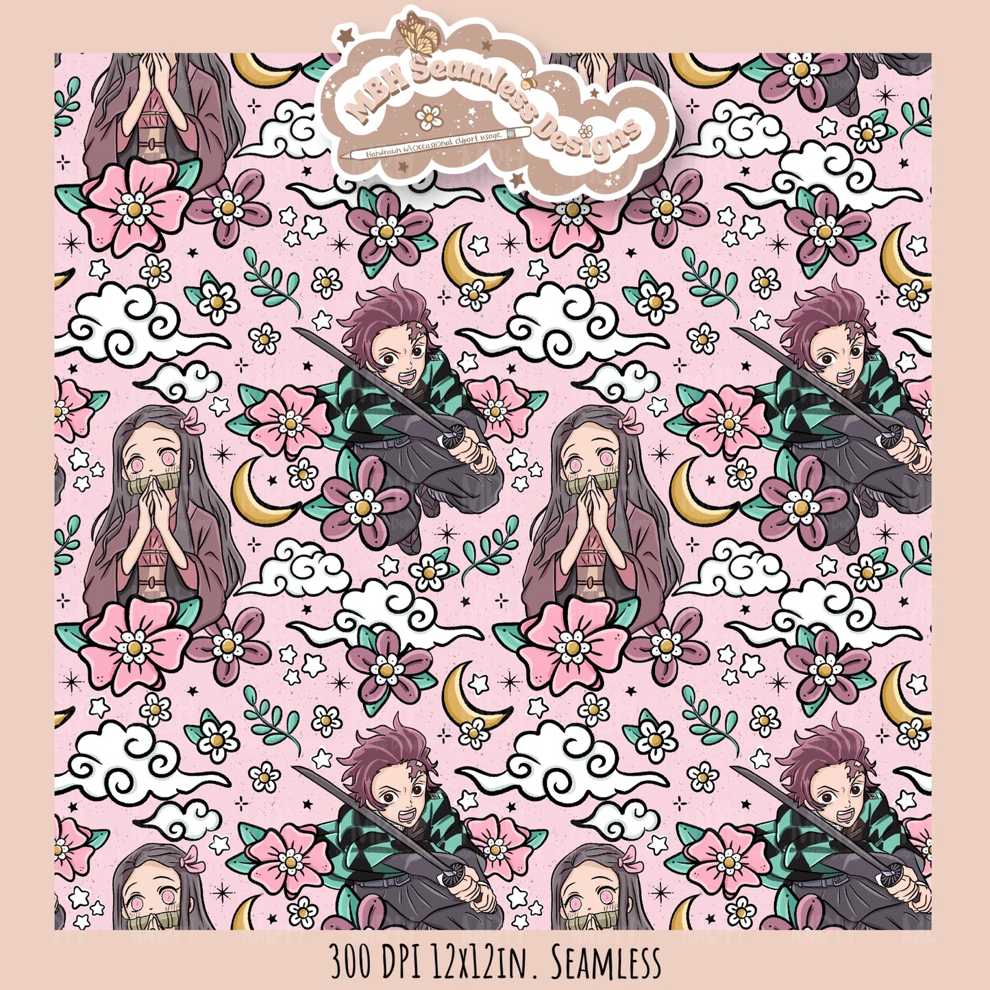 Tanjiro Nezuko Floral Seamless Pattern // MULTIPLE COLORWAY OPTIONS