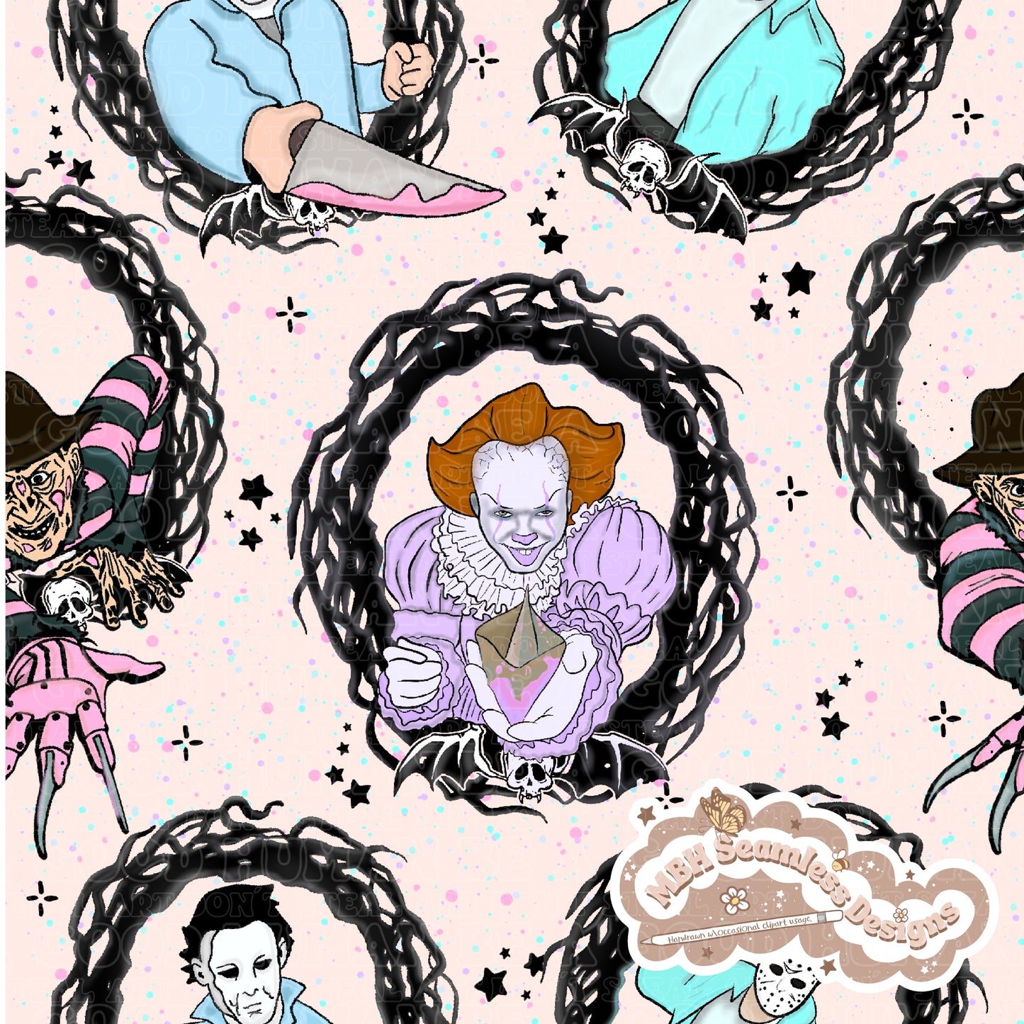 Pastel Horror Mashup Frames Seamless Pattern Multiple Colorways