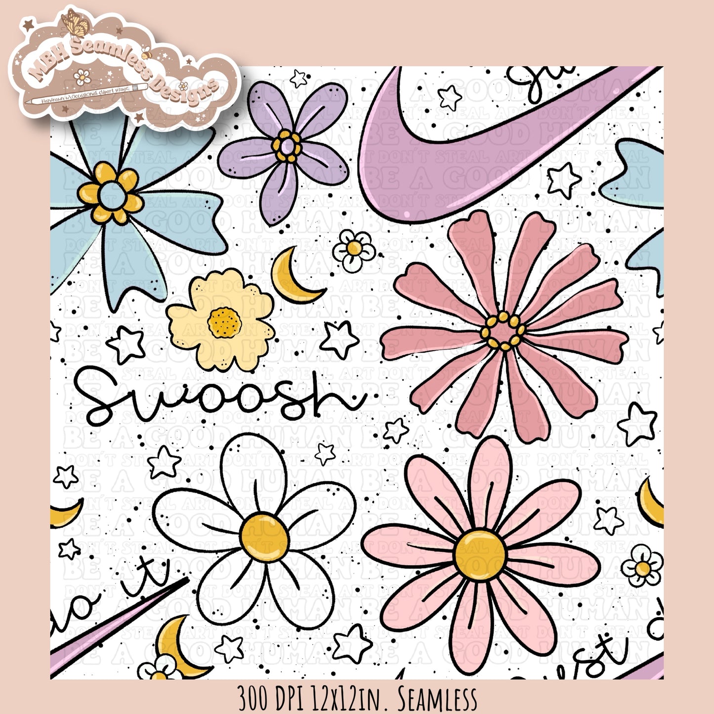 Floral Swoosh Seamless Pattern & PNG MULTIPLE COLORWAYS