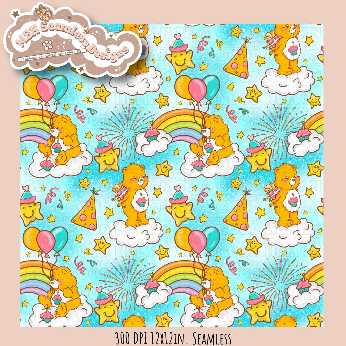 Birthday Care Bear Seamless Pattern & PNG MULTIPLE COLORWAY OPTIONS