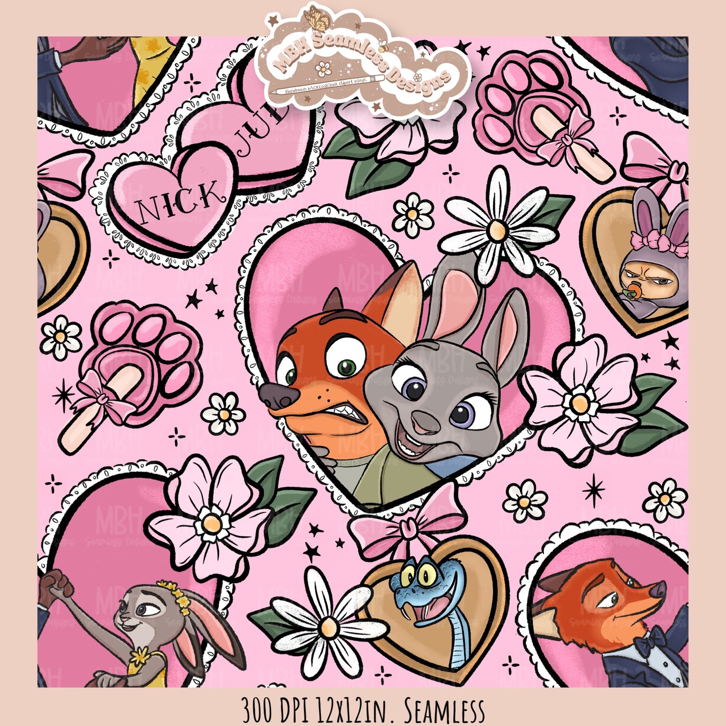 Nick & Judy Romance Seamless Pattern // PNG // Assorted Colorways