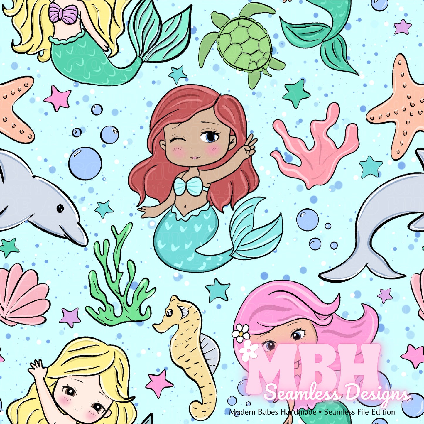 Chibi Mermaids Seamless Pattern MULTIPLE COLORWAYS