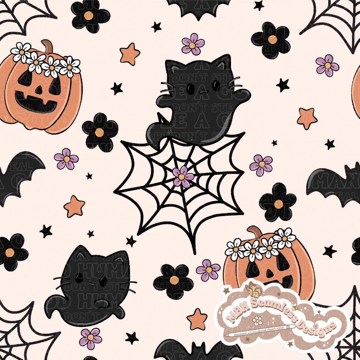 Spooky Floral Ghost Cats Seamless Pattern MULTIPLE COLORWAYS & COORD