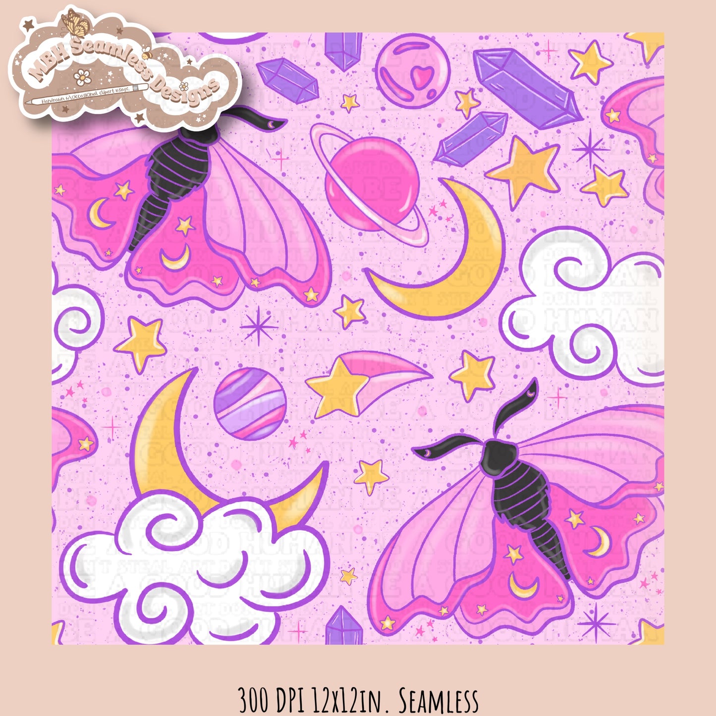 Galaxy Moths Seamless Pattern Multiple Colorways