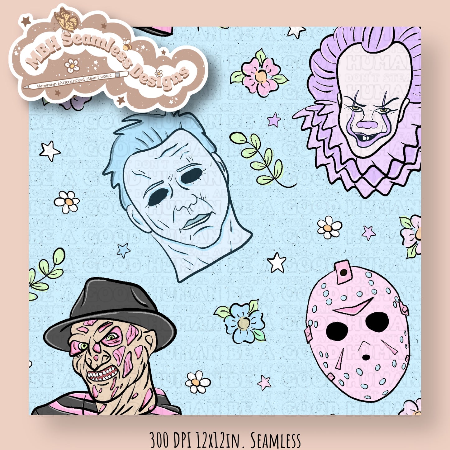 Pastel Floral Horror Mashup Seamless Pattern MULTIPLE COLORWAYS