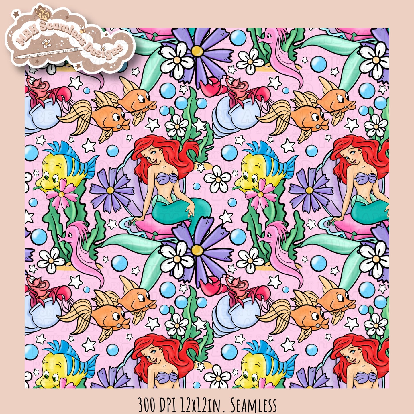 Little Mermaid Floral Seamless Pattern & PNG • MULTIPLE COLORWAY OPTIONS