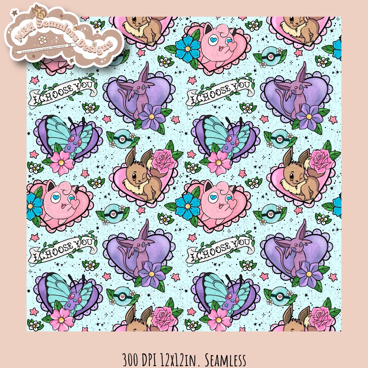 Pokémon Tattoo Hearts Seamless Pattern Multiple Colorways