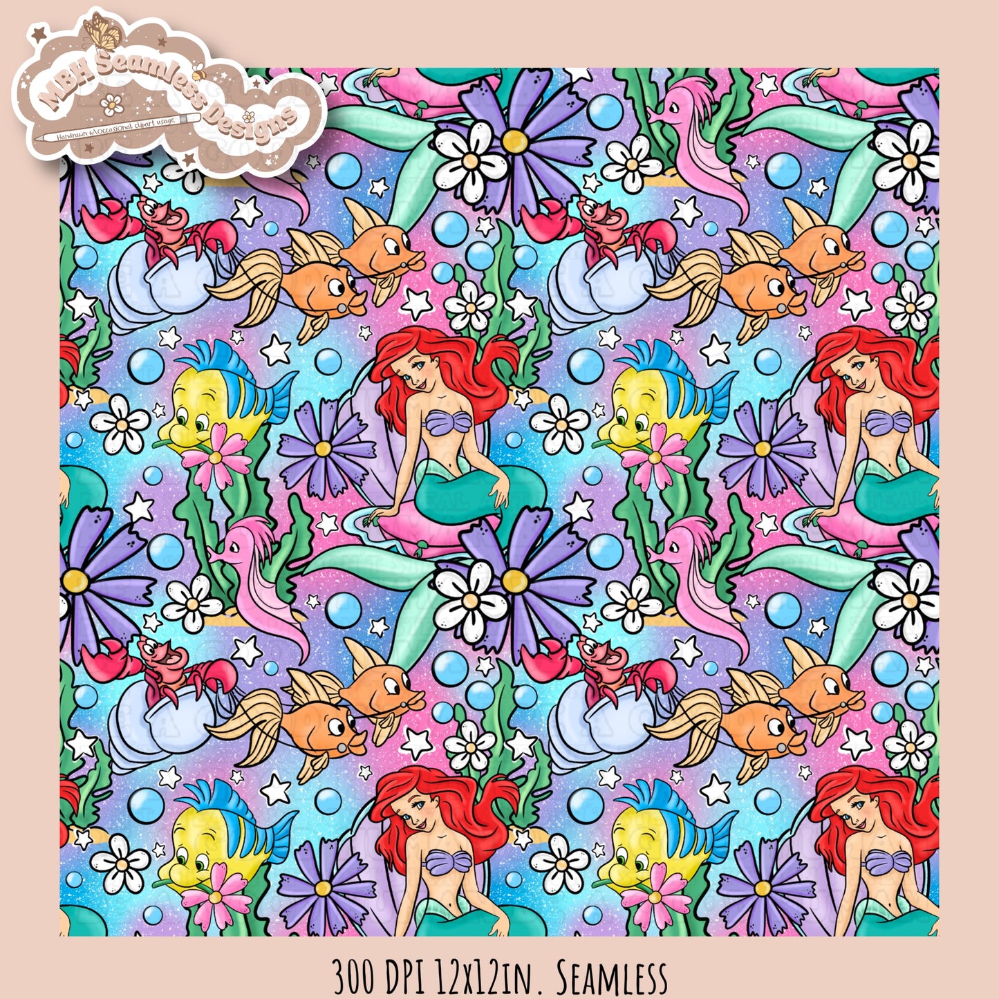 Little Mermaid Floral Seamless Pattern & PNG • MULTIPLE COLORWAY OPTIONS