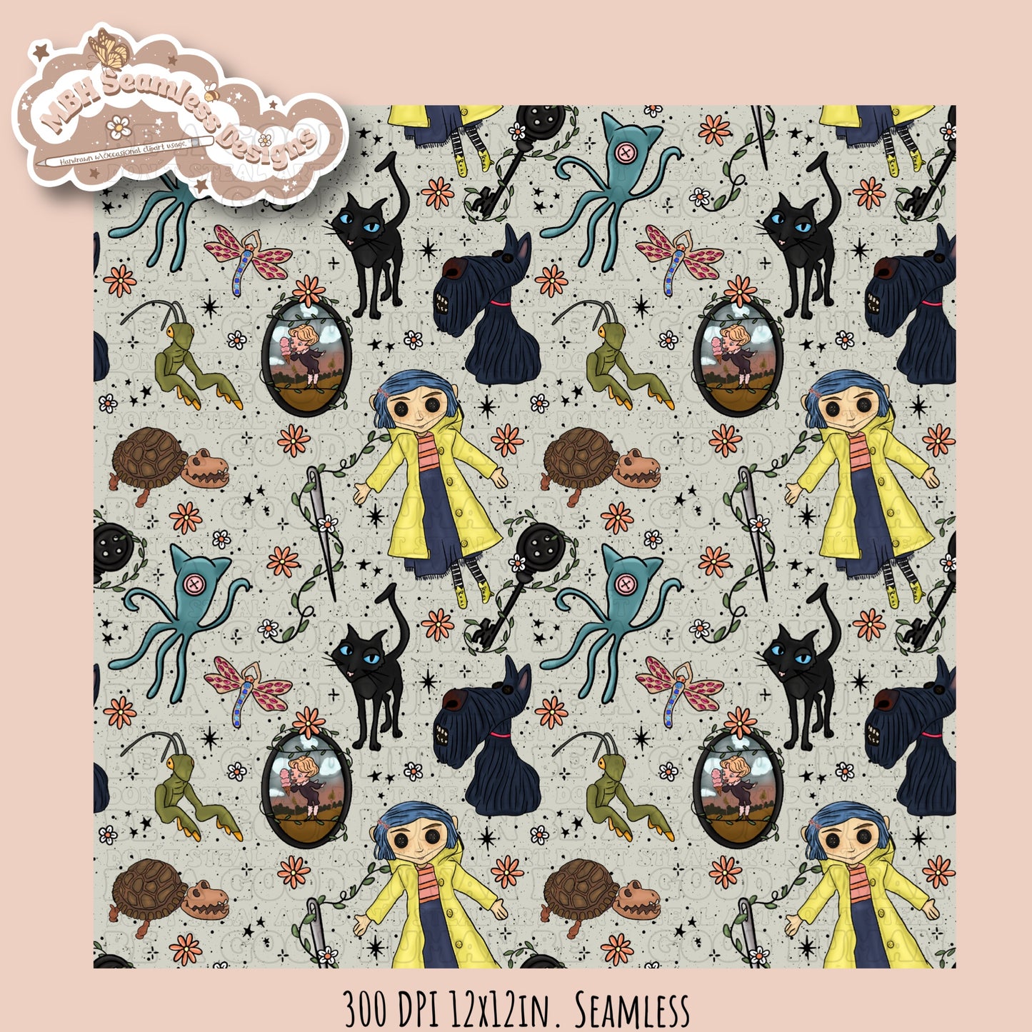 Boho Button Eyes Floral Seamless Pattern Multiple Colorway Options
