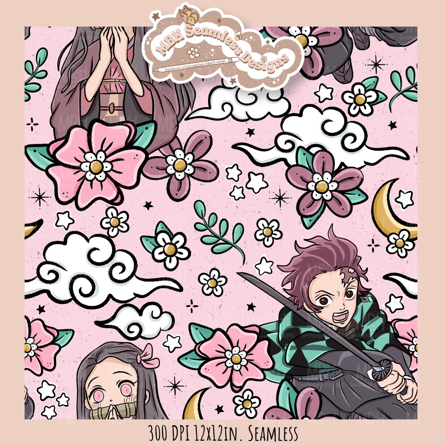 Tanjiro Nezuko Floral Seamless Pattern // MULTIPLE COLORWAY OPTIONS