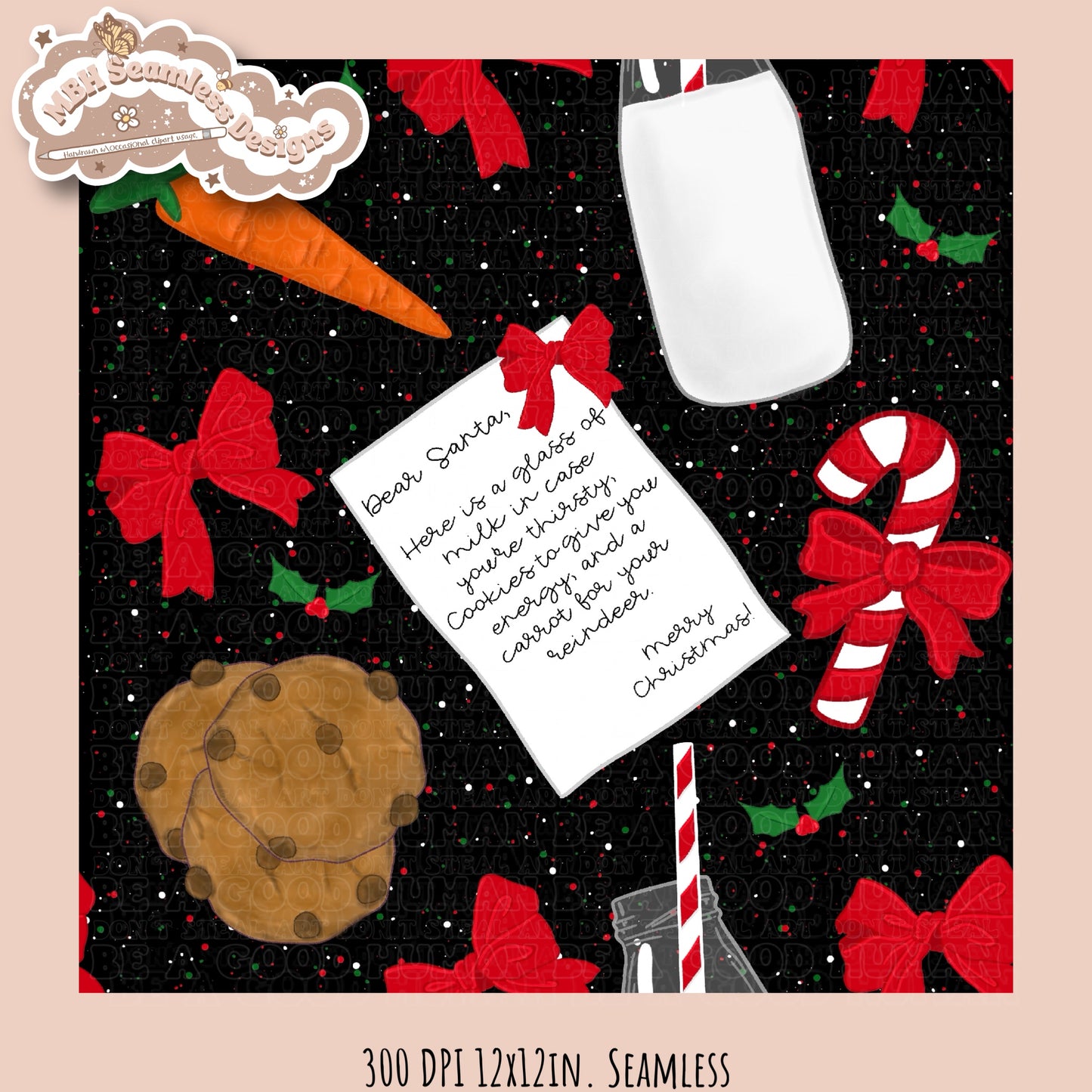 Dear Santa Milk & Cookies Seamless Pattern & PNG MULTIPLE COLORWAYS