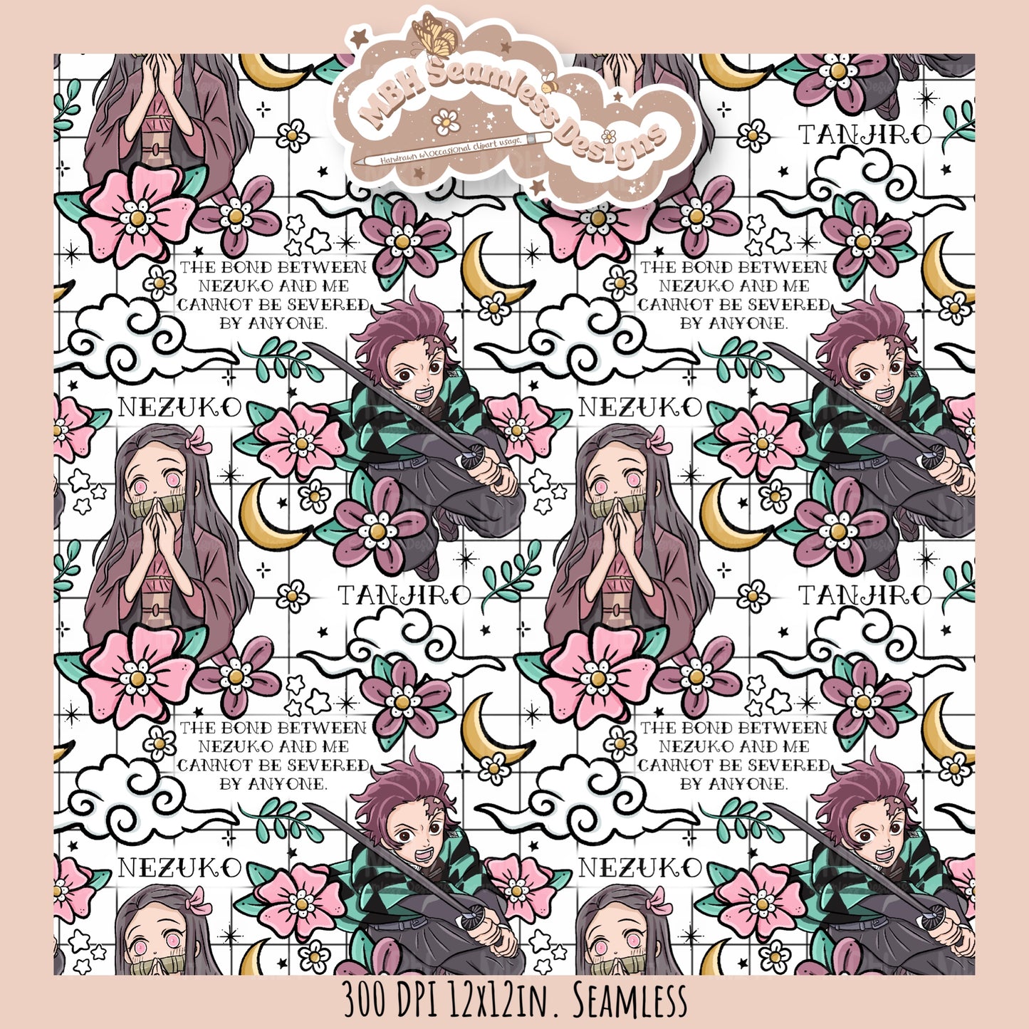Tanjiro Nezuko Quote Floral Seamless Pattern // PNG // MULTIPLE COLORWAY OPTIONS