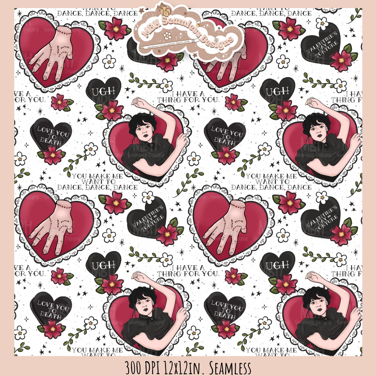 Wednesday Red Tattoo Hearts  Seamless Pattern // PNG // Assorted Colorways