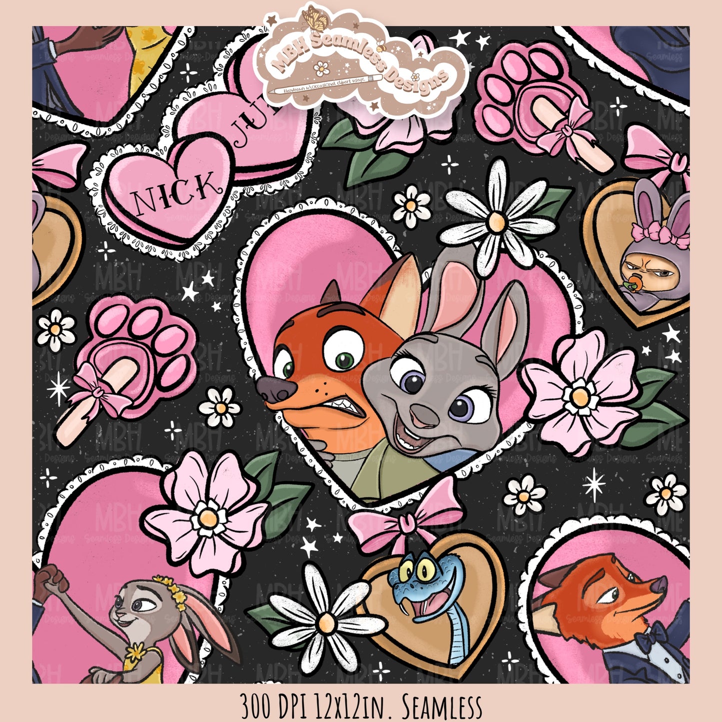 Nick & Judy Romance Seamless Pattern // PNG // Assorted Colorways