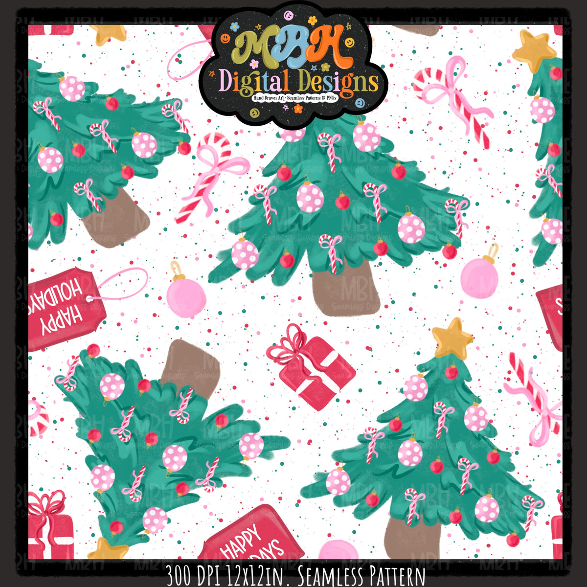 Happy Holiday Trees Seamless Pattern // PNG // MULTIPLE COLORWAYS