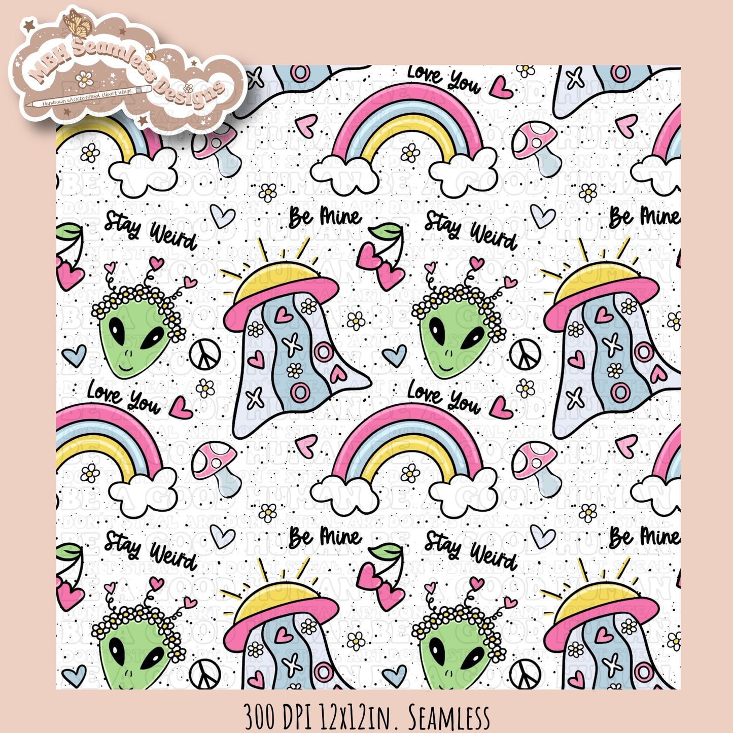 Alien Love Seamless Pattern MULTIPLE COLORWAY OPTIONS