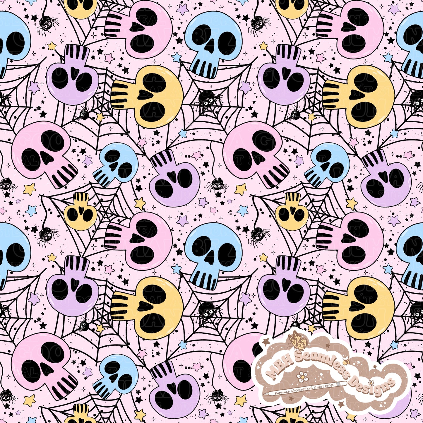 Pastel Spiderweb Skulls Seamless Pattern & COORDS MULTIPLE  COLORWAYS