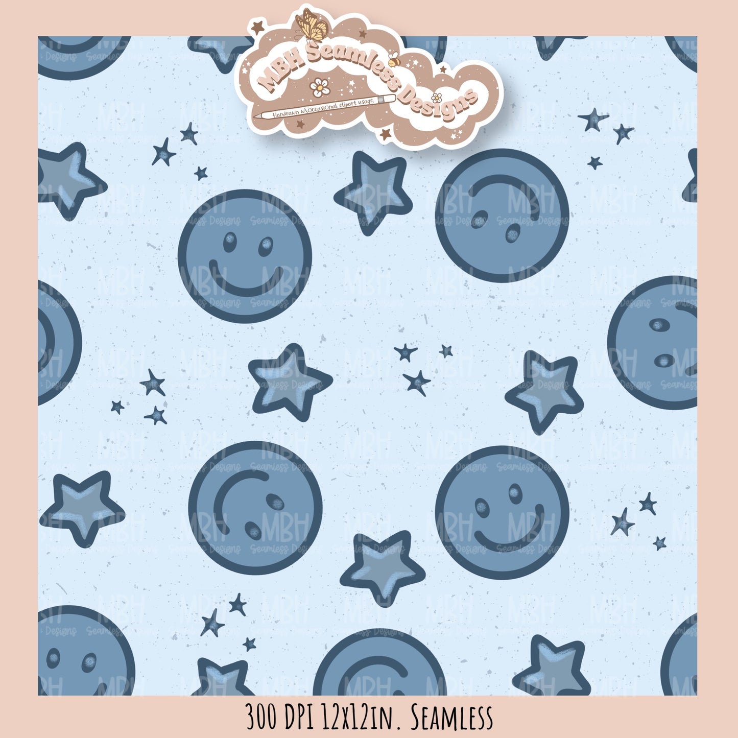 Blue Starry Smilies Seamless Pattern MULTIPLE COLORWAYS