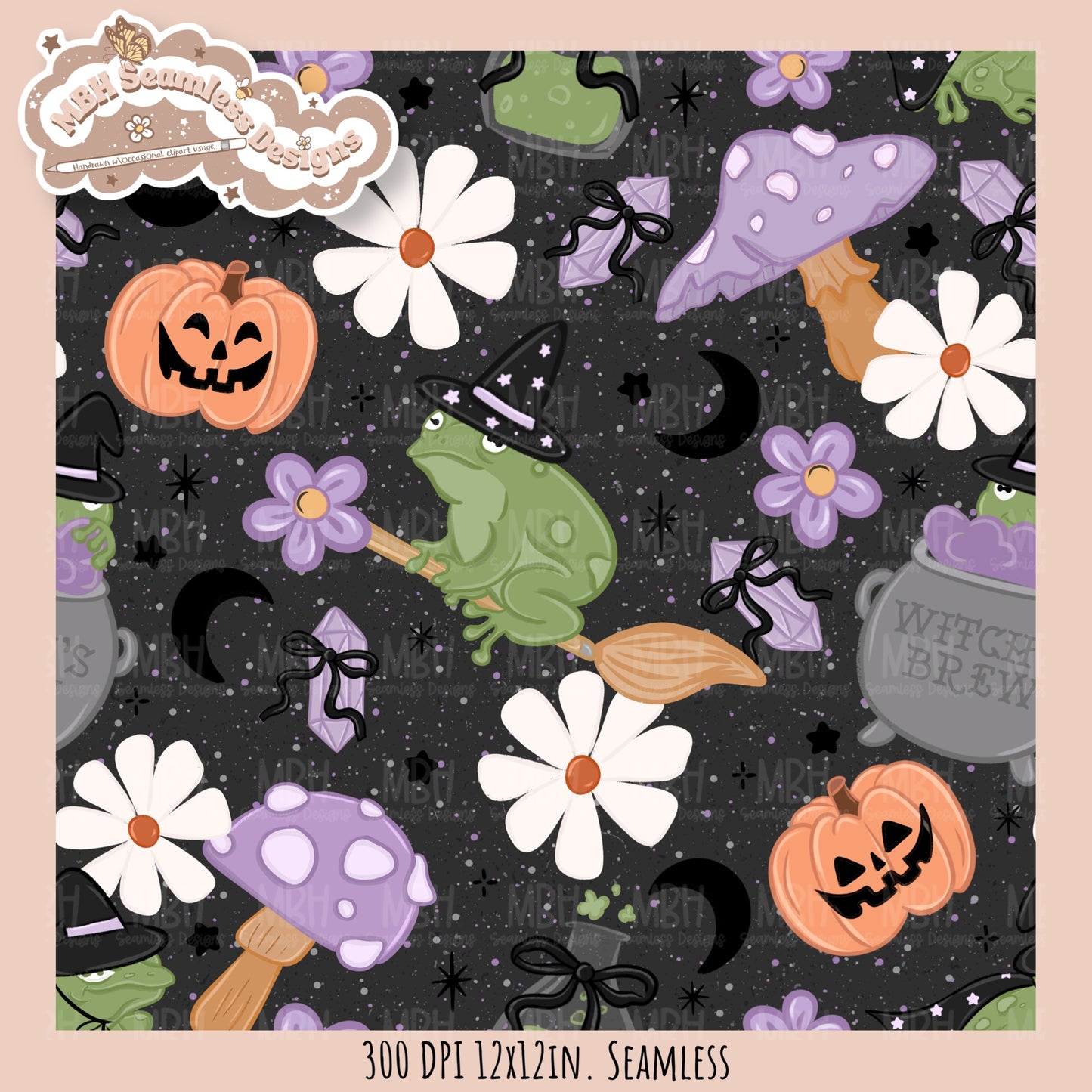 Coquette Witchy Frogs Seamless Pattern•PNG•Multiple Colorways