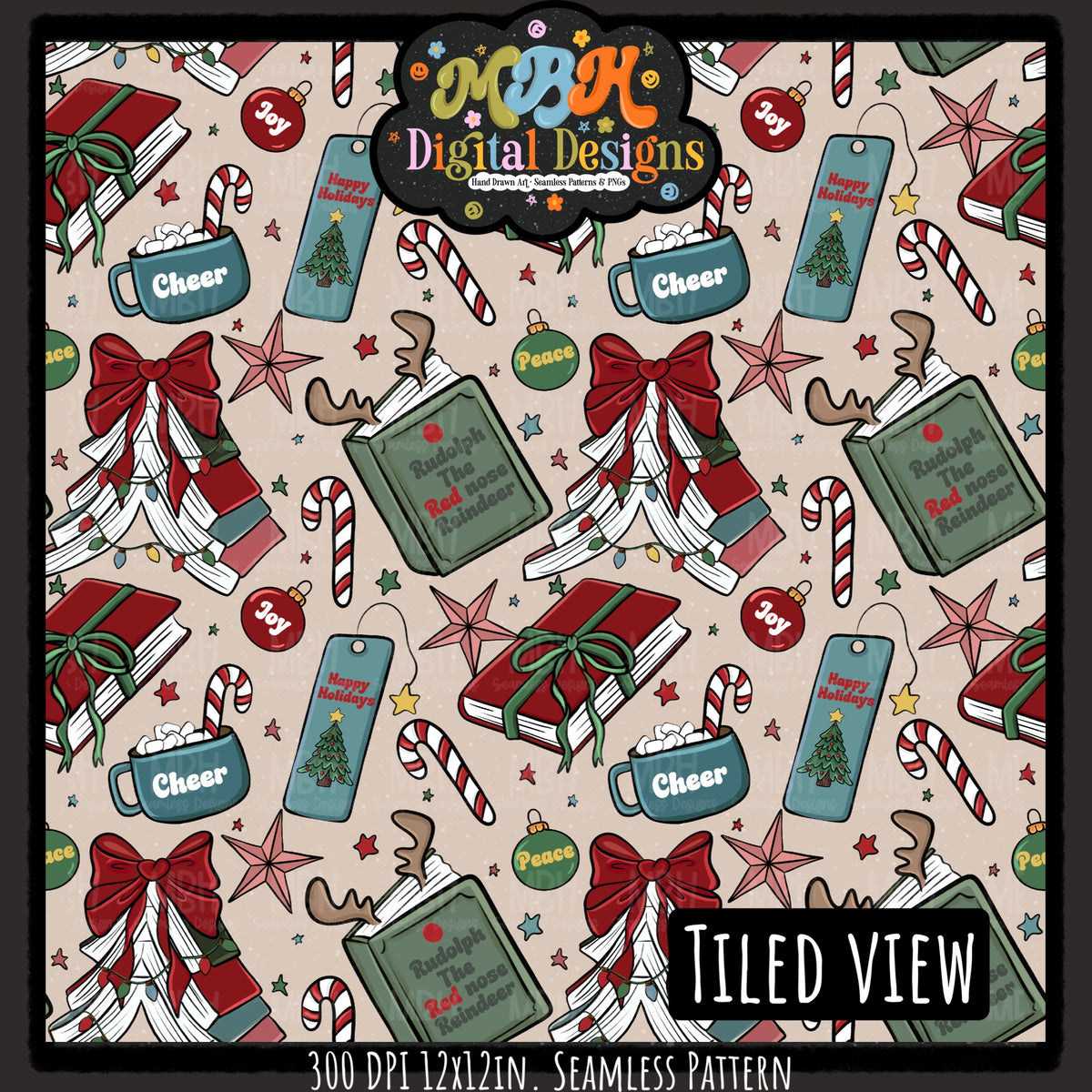 Moody Bookish Christmas Seamless Pattern // MULTIPLE COLORWAYS