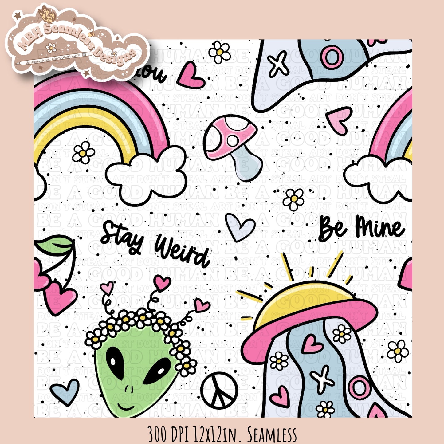 Alien Love Seamless Pattern MULTIPLE COLORWAY OPTIONS