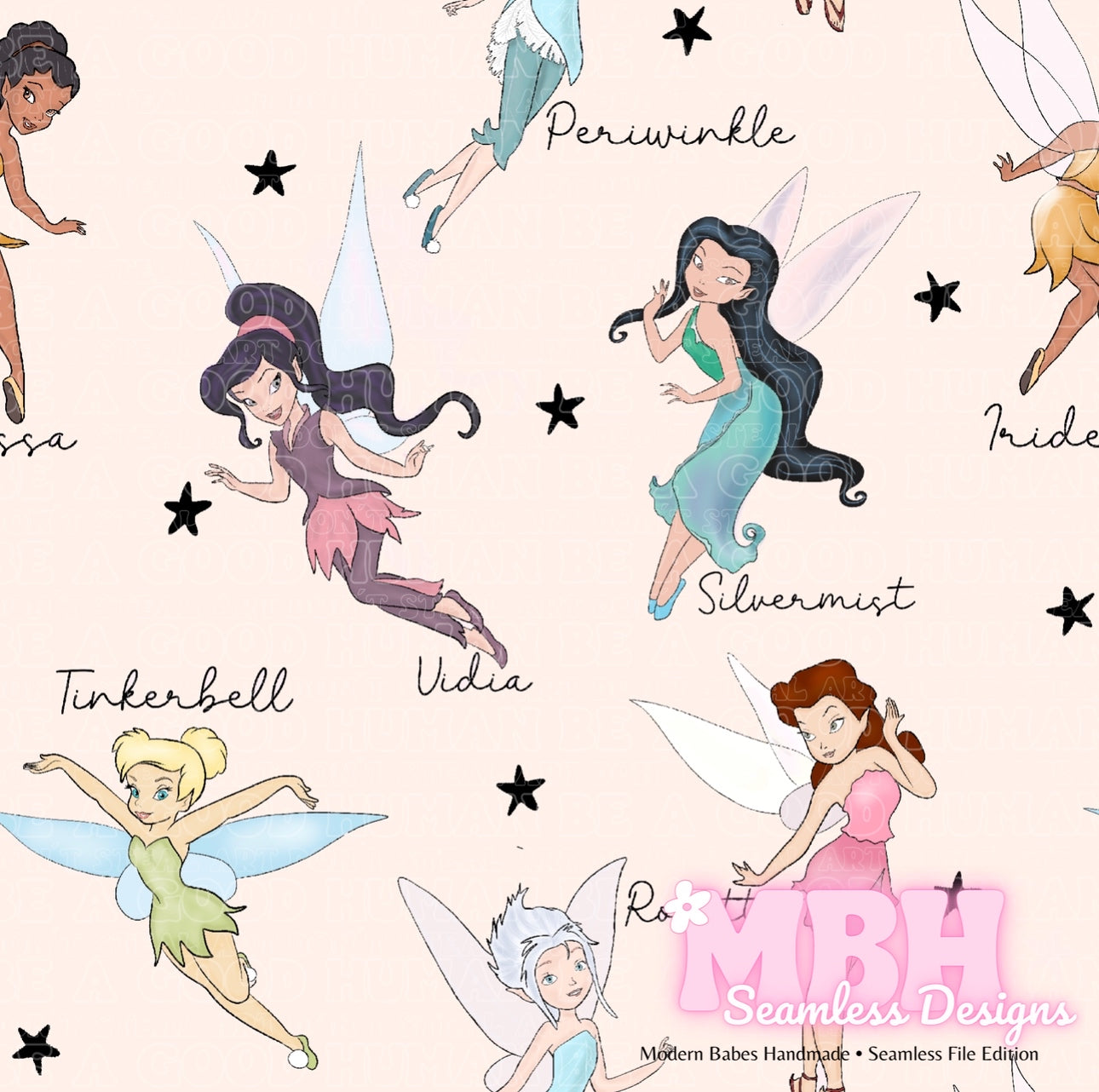 Tink & Friends Black Starry Names Seamless Pattern