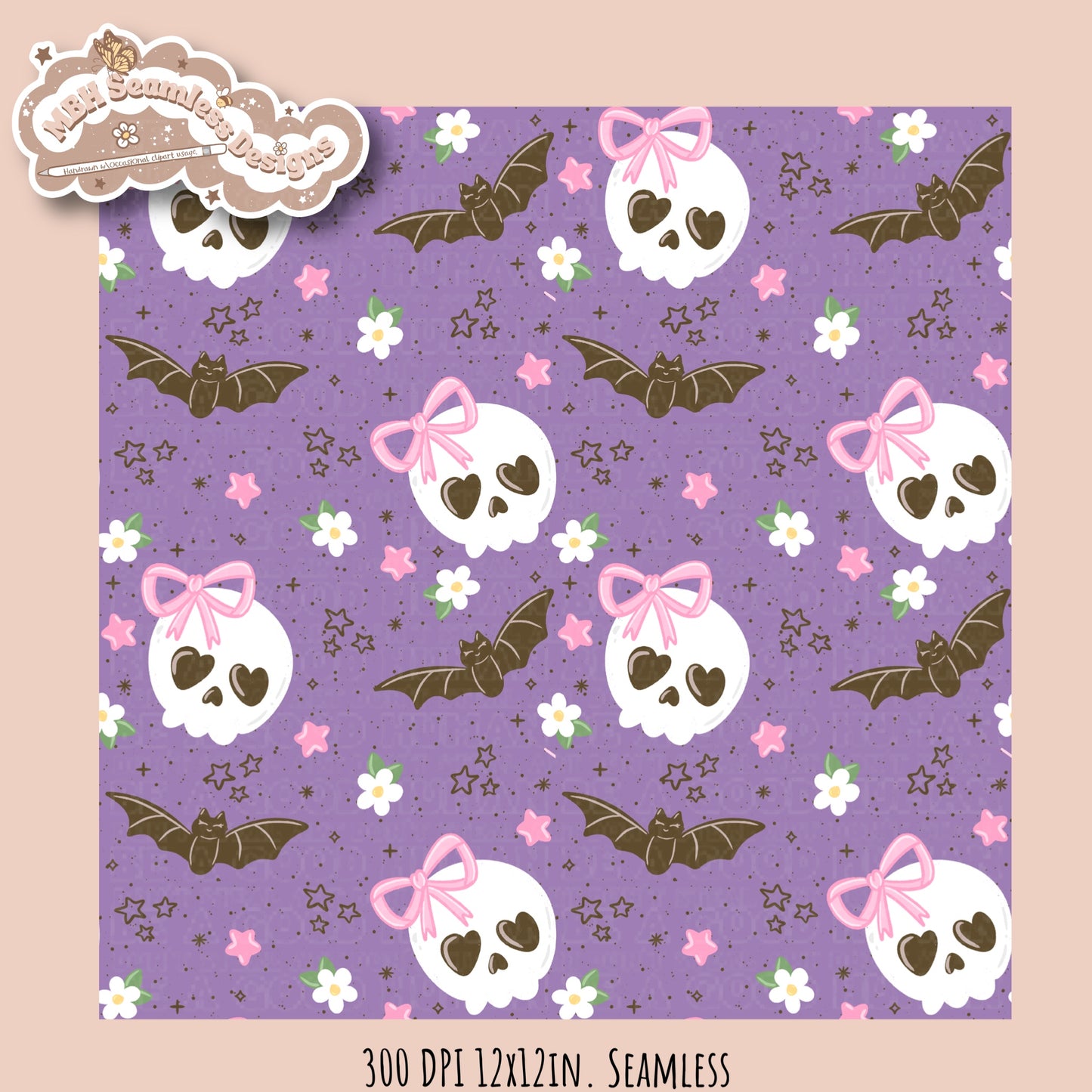 Girly Skulls and Bats Seamless Pattern // Multiple Colorways