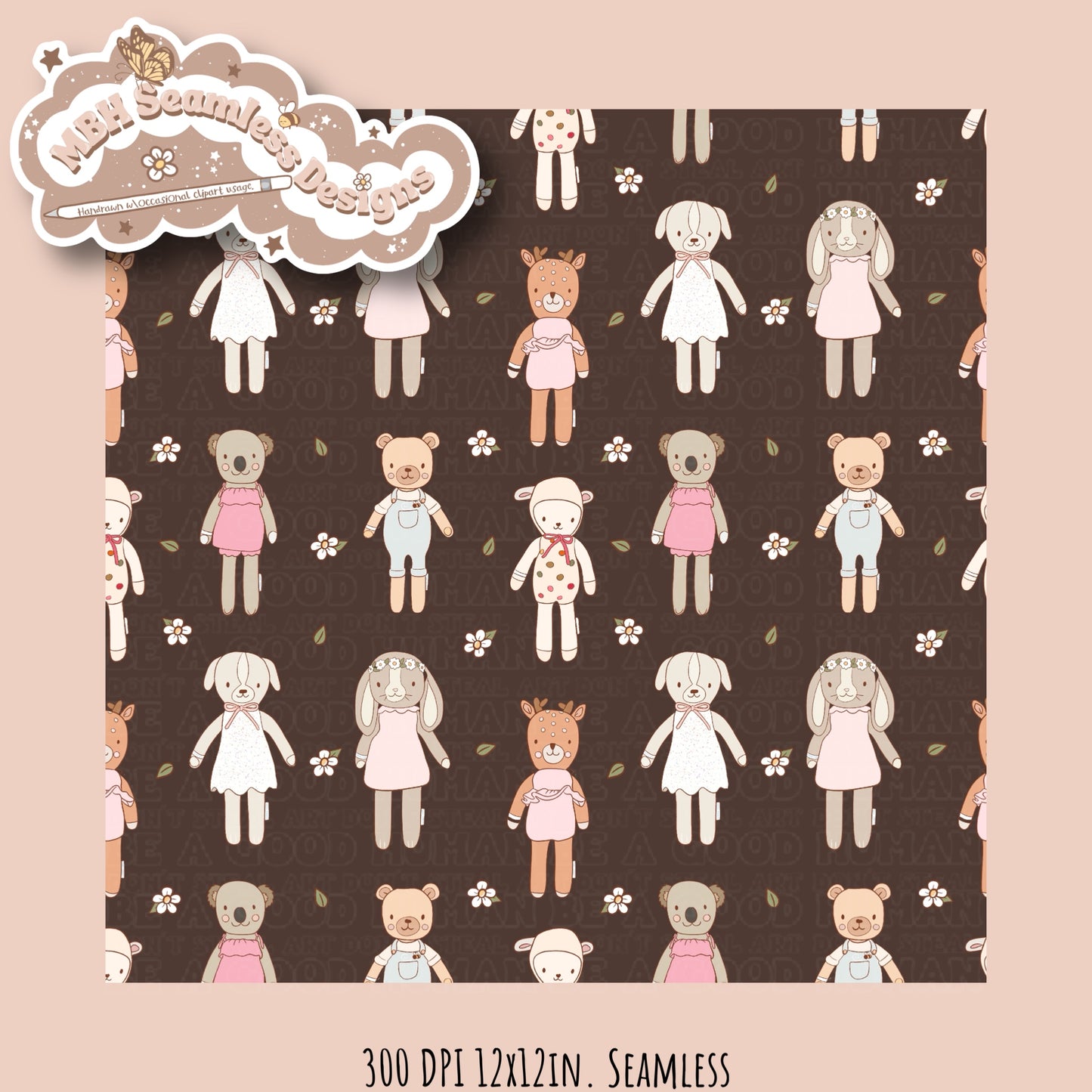 Boho Floral Cuddle & Kind Dolls Seamless Pattern MULTIPLE COLORWAYS