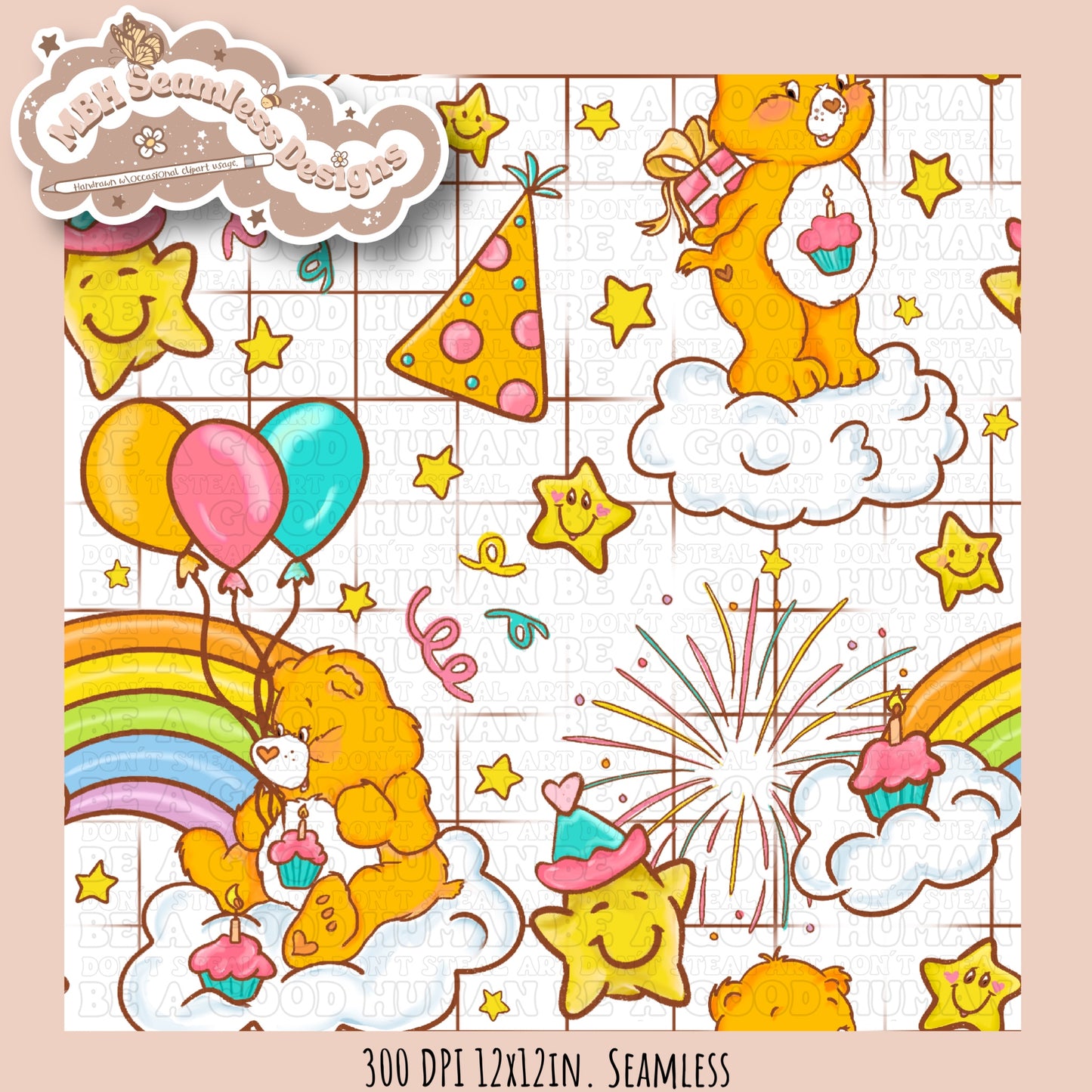 Birthday Care Bear Seamless Pattern & PNG MULTIPLE COLORWAY OPTIONS