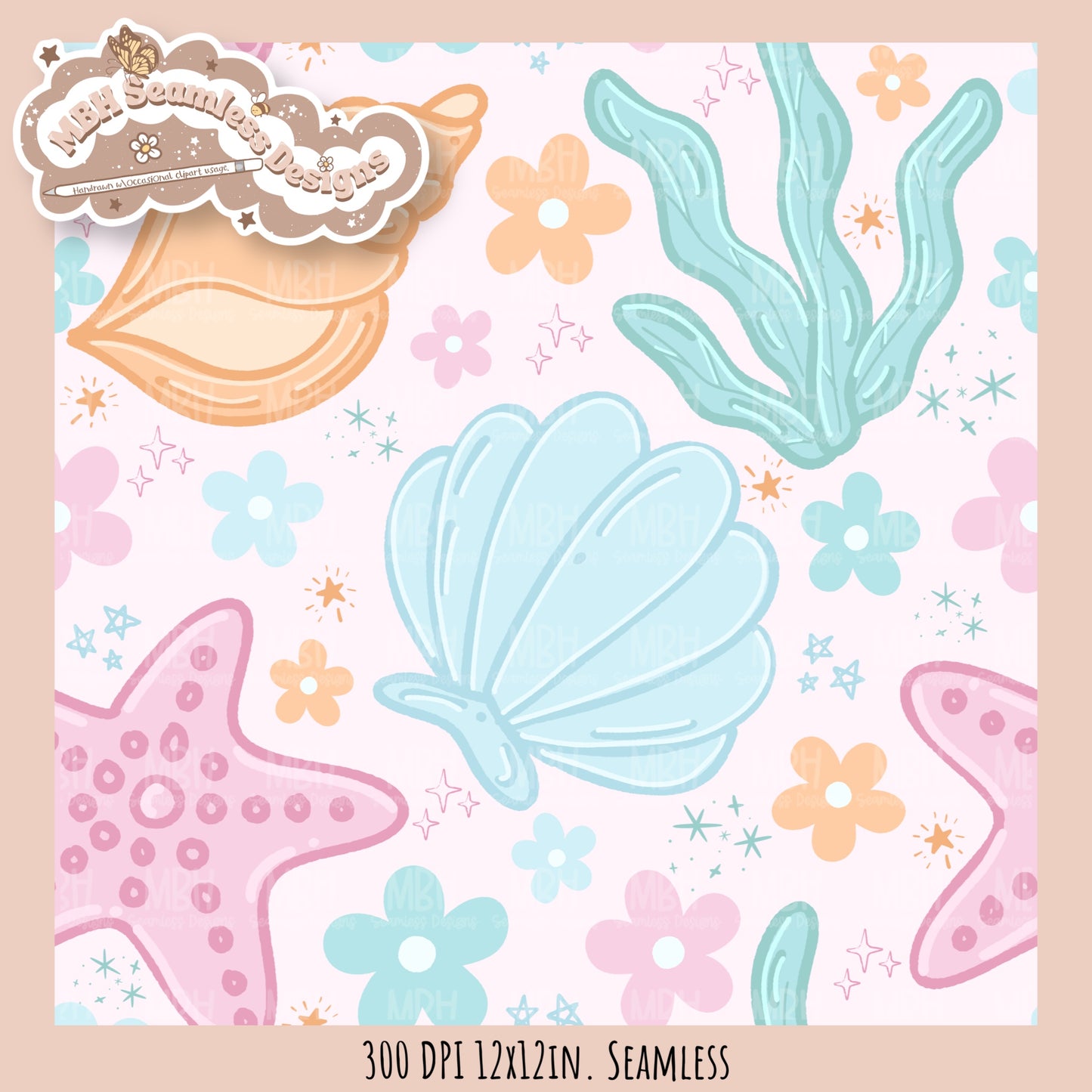 Pastel Seashells & Daisies Seamless Pattern MULTIPLE COLORWAYS
