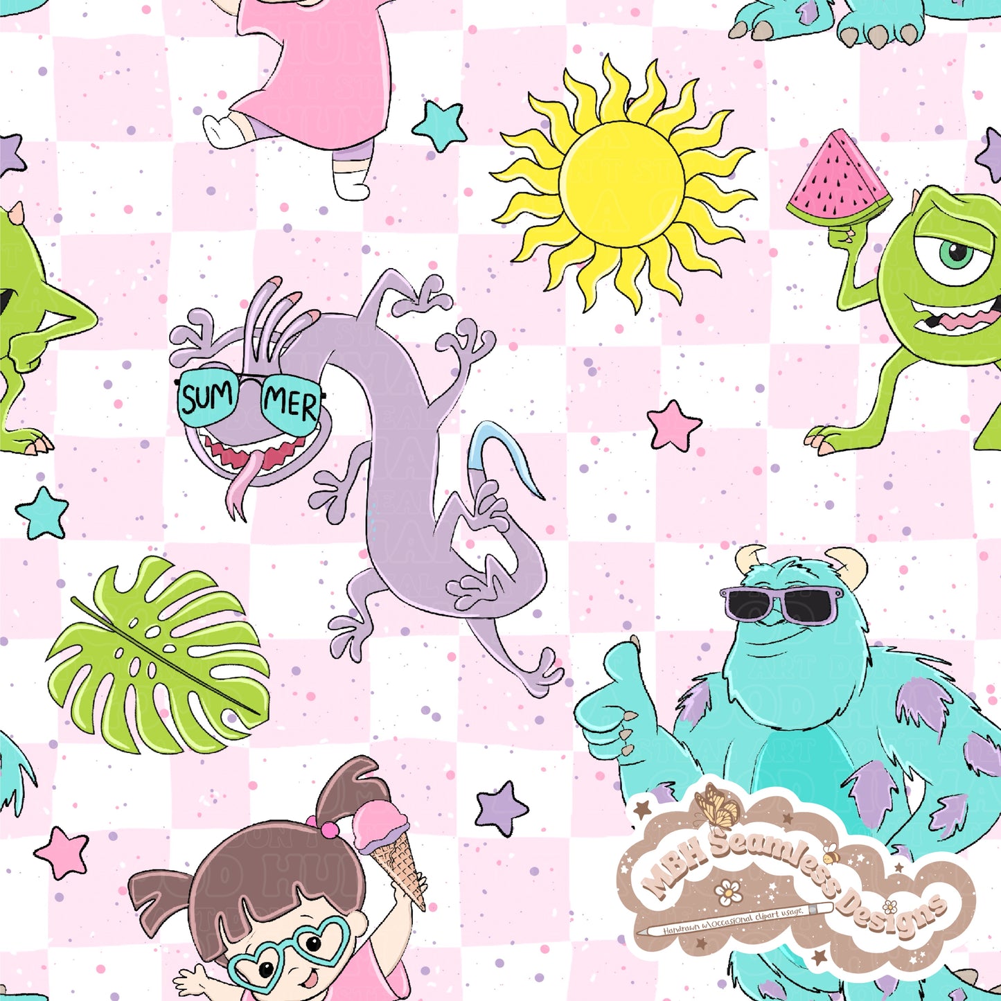 EXCLUSIVE (No Fabric Shops) Checkered Summer Monsters Inc. Seamless Pattern MULTIPLE COLORWAYS