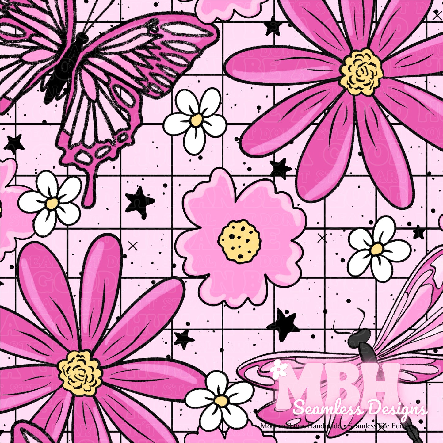 GRID Pink Butterfly Dragonfly Floral Seamless Pattern MULTIPLE COLORWAYS and COORDS