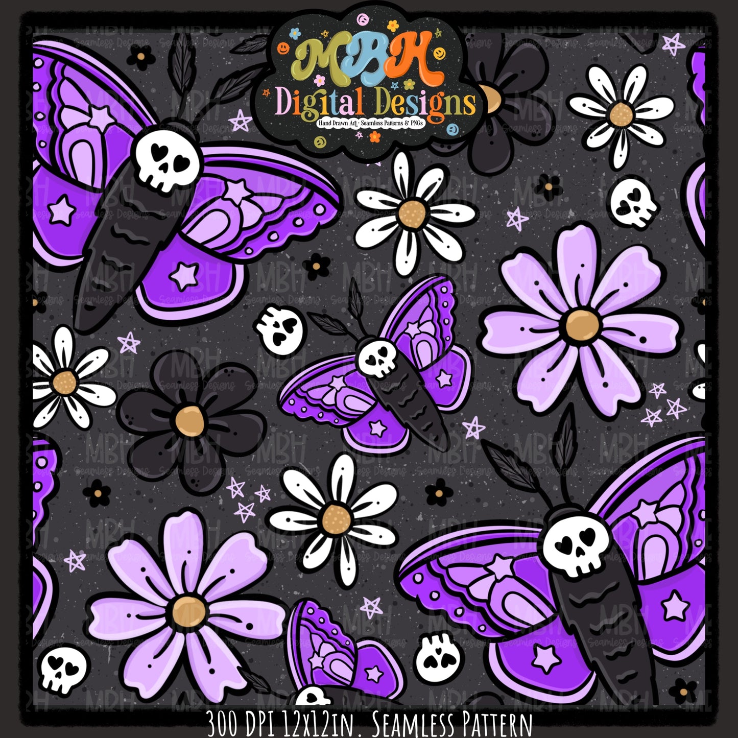 Purple Floral Death Moths Seamless Pattern // PNG // MULTIPLE COLORWAYS