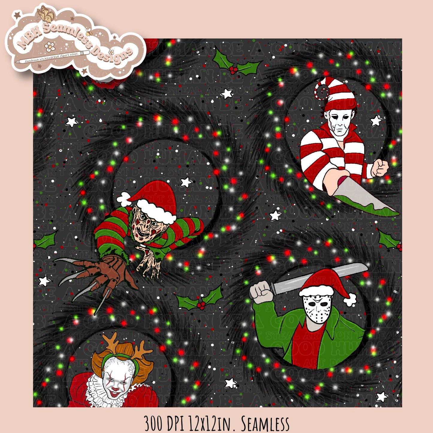 Christmas Horror Mashup Seamless Pattern MULTIPLE COLORWAY OPTIONS