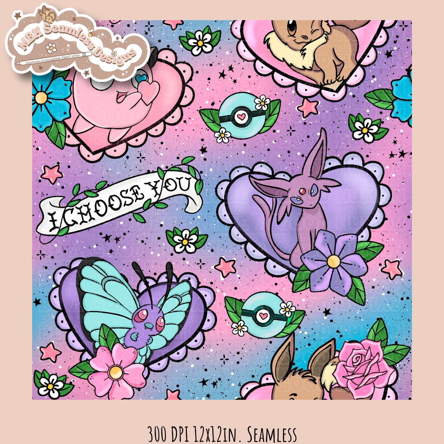 Pokémon Tattoo Hearts Seamless Pattern Multiple Colorways