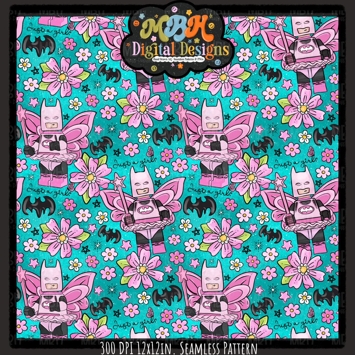Floral Batgirl Seamless Pattern // PNG // MULTIPLE COLORWAYS